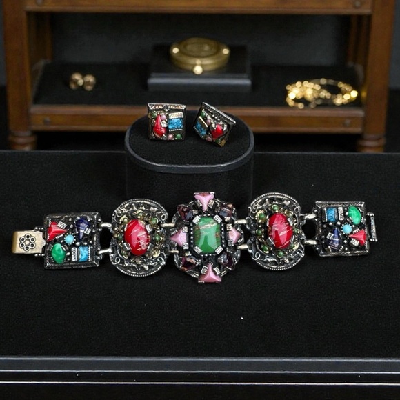 Selro Silini Jewelry - SELRO SELINI Vintage Multicolor Glass Cabochon Panel Bracelet and Earrings Set.